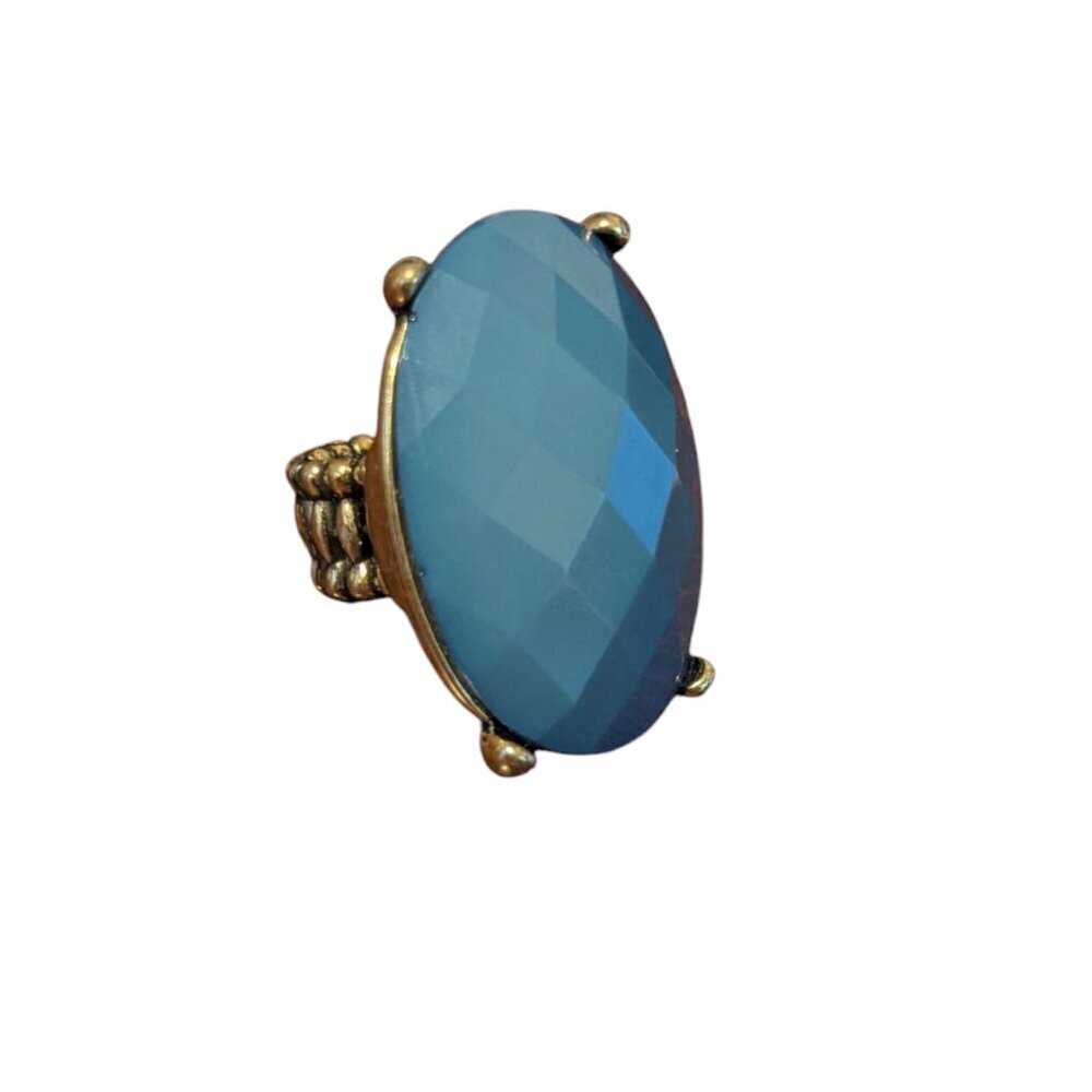 Blue Stone Ring Stretch Band Diamond Cut Prong Bezel Adjustable Boho Statement